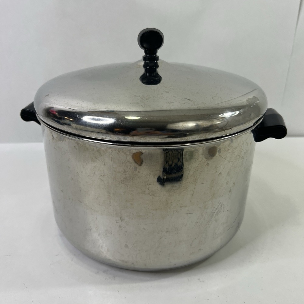 Vtg Farberware 8 Qt Stock Pot w Lid Aluminum Clad Stainless Steel USA Sits Flat